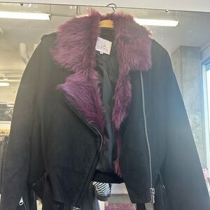 La bete suede moto with purple fur collar